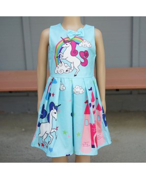 Blue Unicorn A-Line Cotton Dress for Girls - Magical Fantasy Outfit