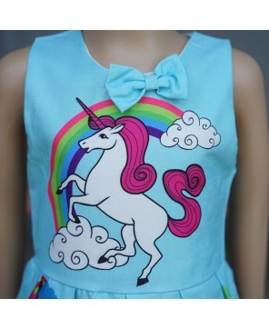 Blue Unicorn A-Line Cotton Dress for Girls - Magical Fantasy Outfit