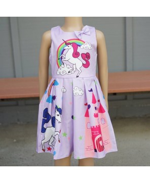 Lavender Unicorn A-Line Cotton Dress for Girls - Magical Fantasy