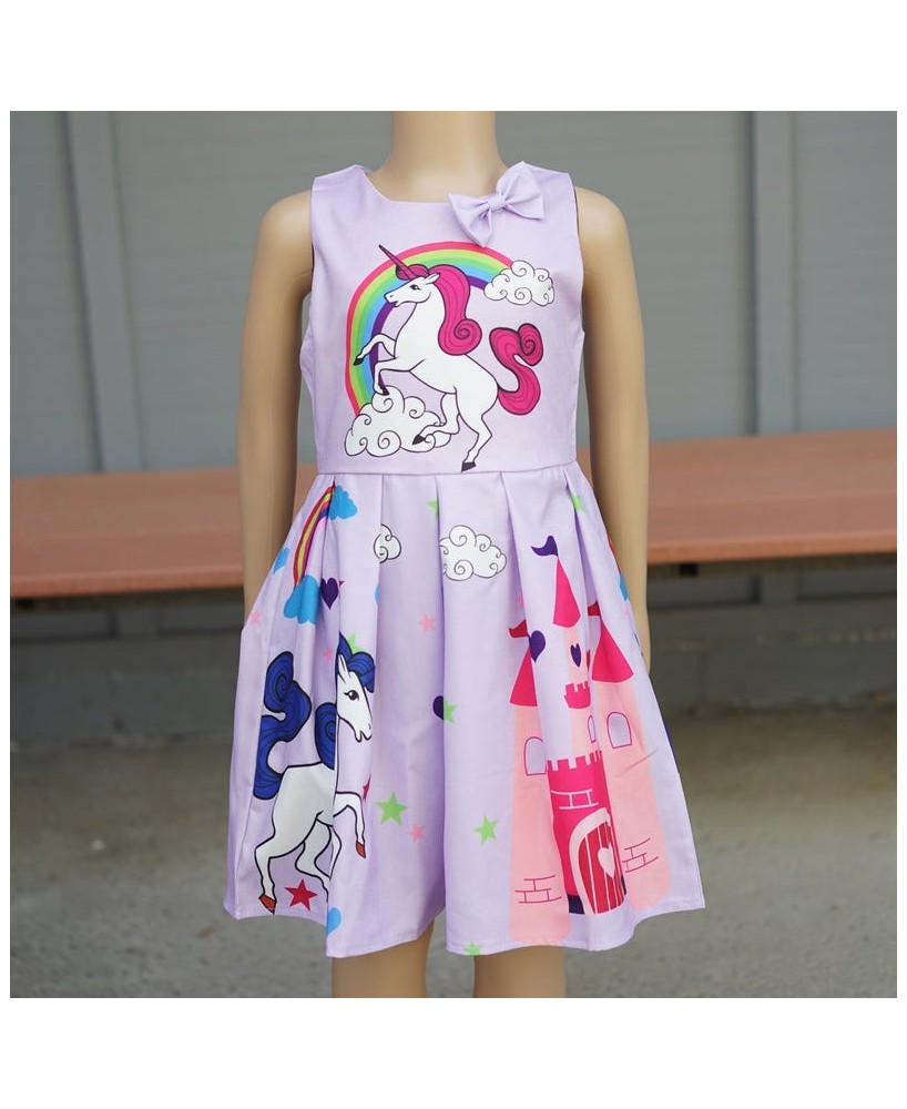 Lavender Unicorn A-Line Cotton Dress for Girls - Magical Fantasy