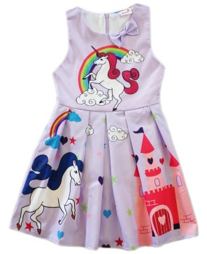 Lavender Unicorn A-Line Cotton Dress for Girls - Magical Fantasy