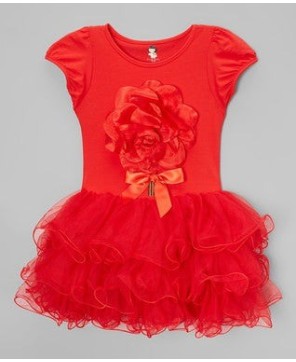 Red 3-D Flower Dress for Girls - Floral Elegance and Charm