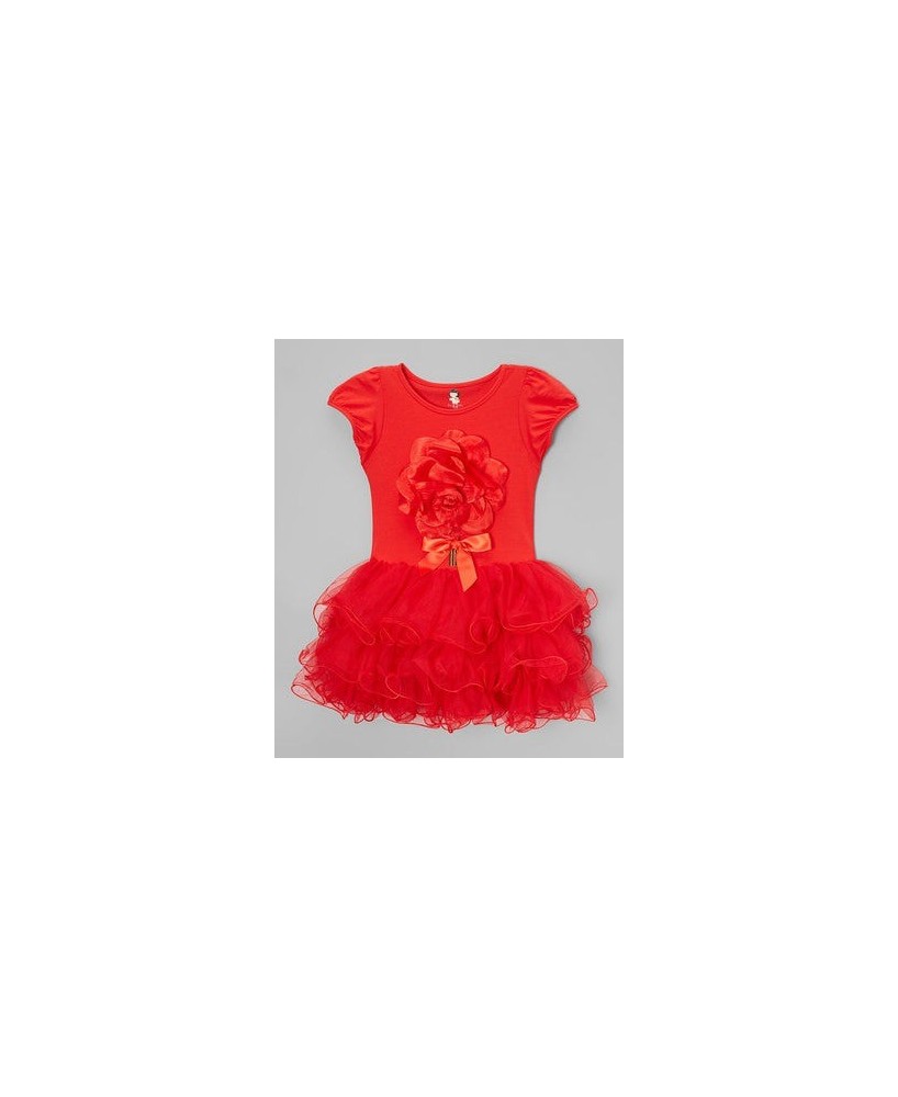 Red 3-D Flower Dress for Girls - Floral Elegance and Charm