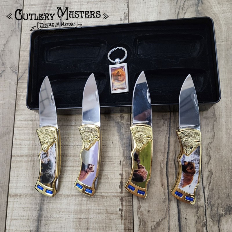 4 Piece Bear Tin Box Knife Set with Keychain - Stainless Steel Blades