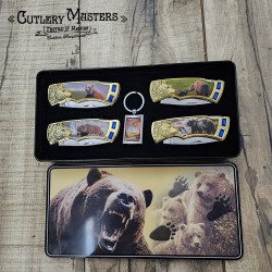 4 Piece Bear Tin Box Knife Set with Keychain - Stainless Steel Blades