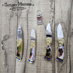 4 Piece Bear Tin Box Knife Set with Keychain - Stainless Steel Blades