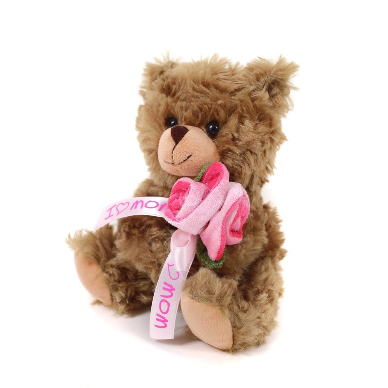 Mocha Love Bear with Pink Rose & 'I Love Mom' Ribbon - Perfect Gift