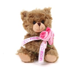 Mocha Love Bear with Pink Rose & 'I Love Mom' Ribbon - Perfect Gift