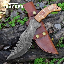 Handmade Damascus Tracker Tool | Wood Handle & Leather Sheath