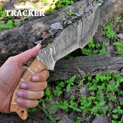 Handmade Damascus Tracker Tool | Wood Handle & Leather Sheath