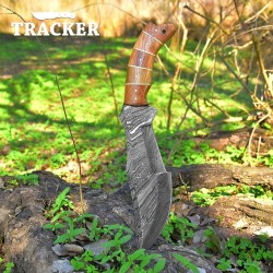 Handmade Damascus Tracker Tool | Wood Handle & Leather Sheath