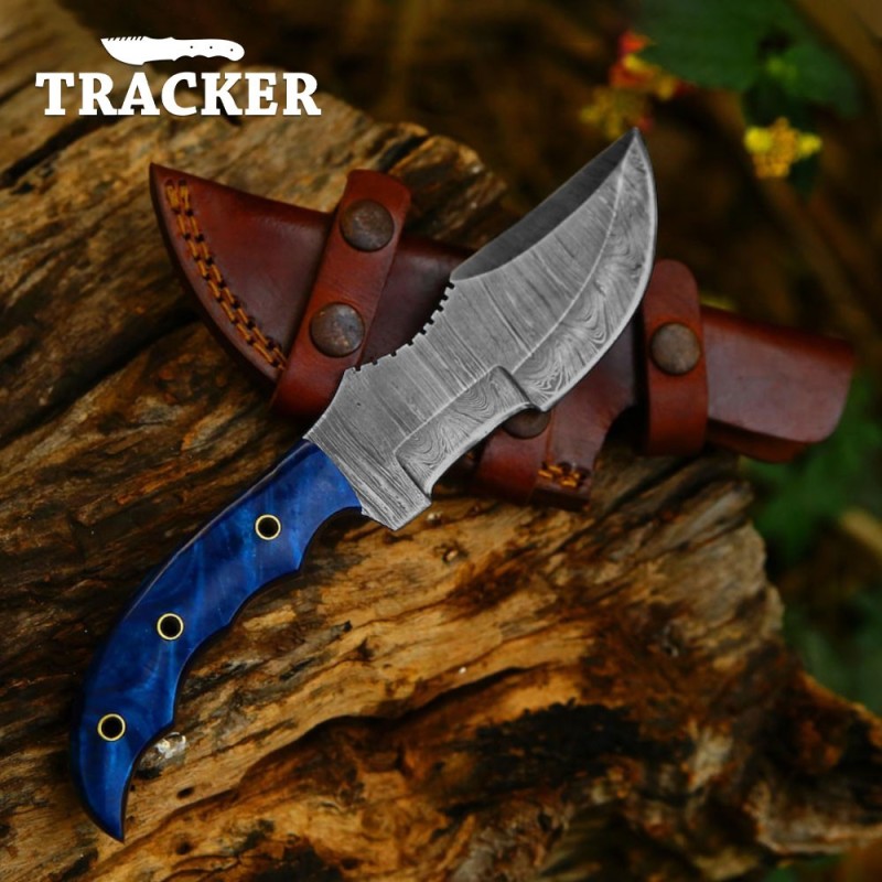 Damascus Tracker Knife | Micarta Handle | Full Tang | Hand-Forged