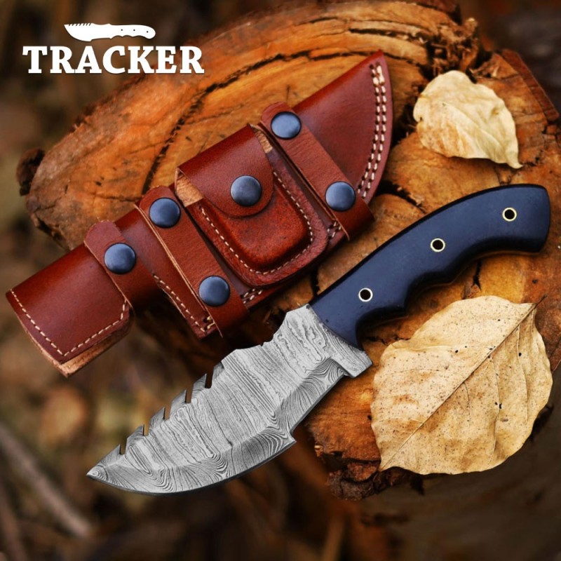 Damascus Tracker Knife | Micarta Rose Wood Handle | Full Tang Blade