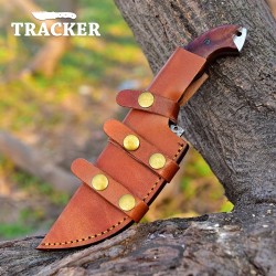 Handmade Damascus Tracker Knife | Wood Handle | Leather Sheath