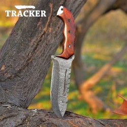 Handmade Damascus Tracker Knife | Wood Handle | Leather Sheath