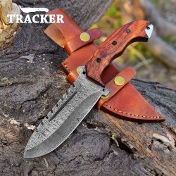 Handmade Damascus Tracker Knife | Wood Handle | Leather Sheath