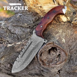 Handmade Damascus Tracker Knife | Wood Handle | Leather Sheath