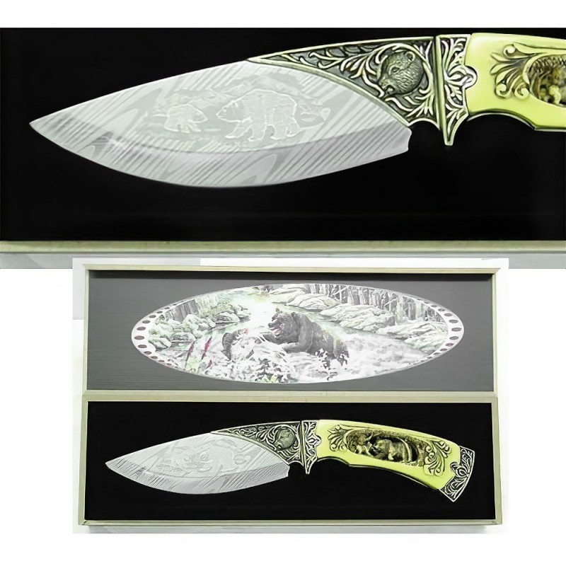 Artisan Etched Bear Blade Masterpiece - Elegant Ivory Handle