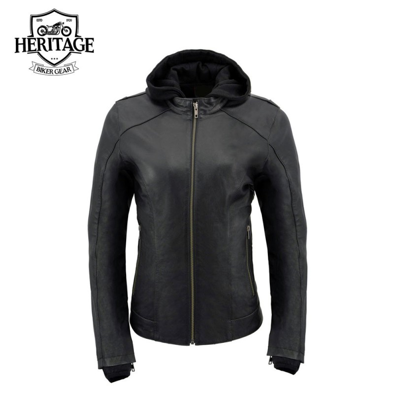 Women's Black Leather Jacket with Hoodie | Ultra-Lightweight & Stylish