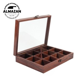 Premium Sheesham Wood Spice Box - 12 Containers & Glass Lid