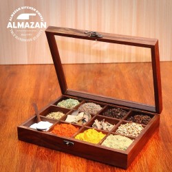 Premium Sheesham Wood Spice Box - 12 Containers & Glass Lid