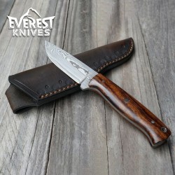 Compact Damascus Steel Tool with Wood Handle and Leather Sheath