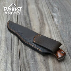 Compact Damascus Steel Tool with Wood Handle and Leather Sheath