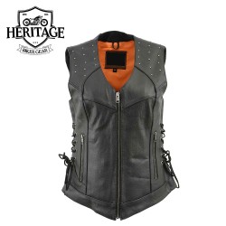 Women’s Black Leather V-Neck Motorcycle Vest – Riveted & Adjustable