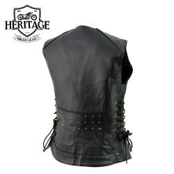 Women’s Black Leather V-Neck Motorcycle Vest – Riveted & Adjustable