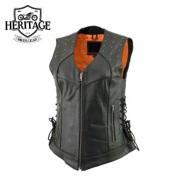 Women’s Black Leather V-Neck Motorcycle Vest – Riveted & Adjustable