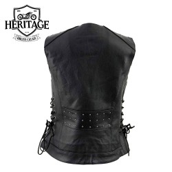 Women’s Black Leather V-Neck Motorcycle Vest – Riveted & Adjustable