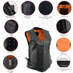 Women’s Black Leather V-Neck Motorcycle Vest – Riveted & Adjustable