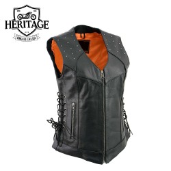 Women’s Black Leather V-Neck Motorcycle Vest – Riveted & Adjustable