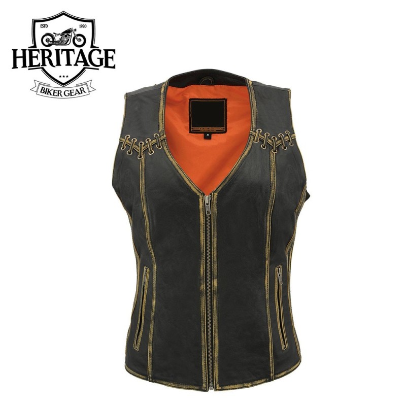 Women’s Distressed Brown Leather Motorcycle Vest – Stretch Panels