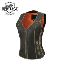 Women’s Distressed Brown Leather Motorcycle Vest – Stretch Panels