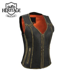 Women’s Distressed Brown Leather Motorcycle Vest – Stretch Panels