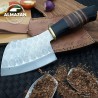 Serbian Damascus Cleaver – Black Resin Handle & Leather Sheath