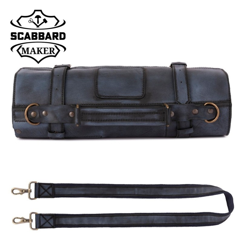 Black Wax Full Grain Leather Chef Roll with 10 Pockets – Handmade