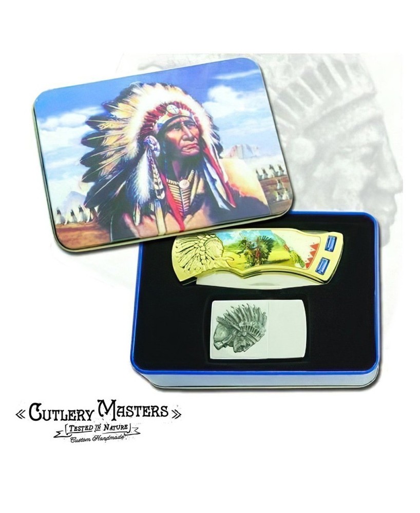 Native American Tribe Box Knife with Lighter - Cultural Tribute Set