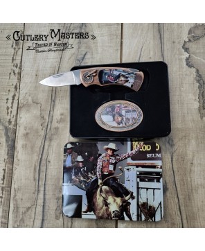 Western Scenes Rodeo 5 Metal Box Knife - Stainless Steel Blade