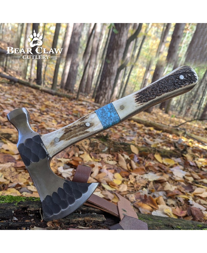 Deer Antler Hatchet Axe with Blue Turquoise Handle - Unique Tool