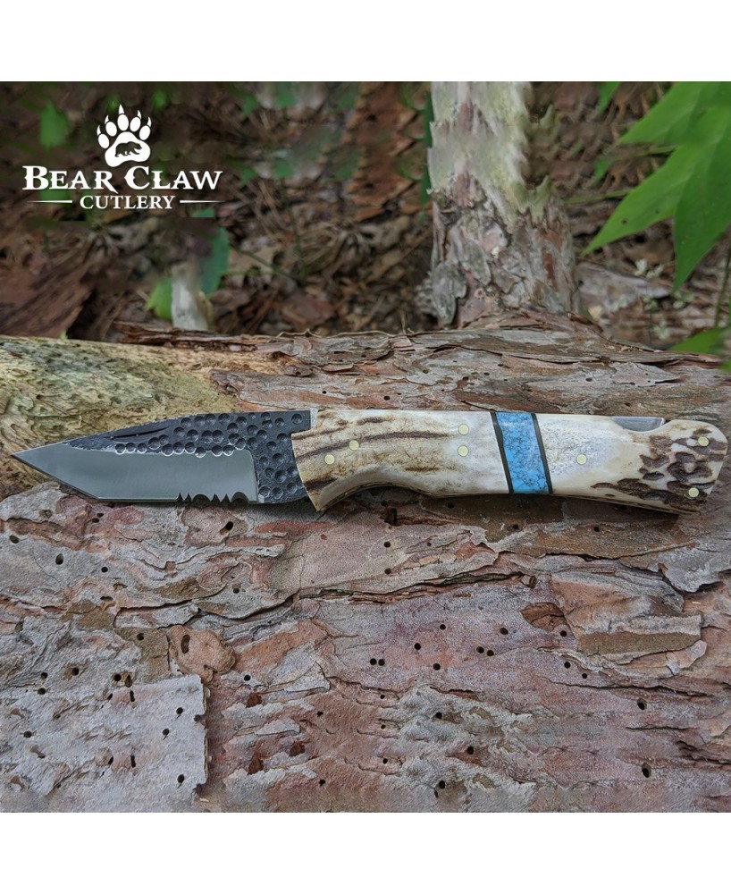 Custom Handmade Deer Antler Folding Knife with Carbon Steel Blade