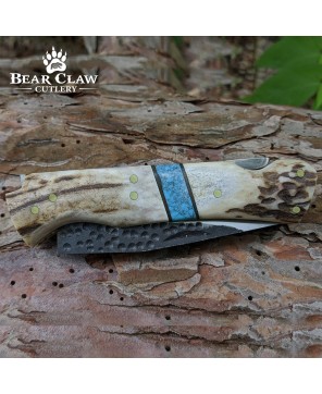 Custom Handmade Deer Antler Folding Knife with Carbon Steel Blade