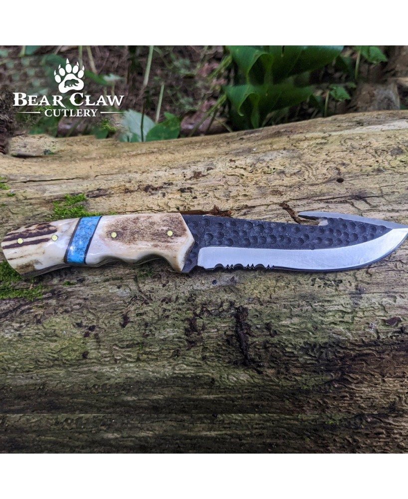 Custom Handmade Deer Antler Hunting Knife with Carbon Steel Blade