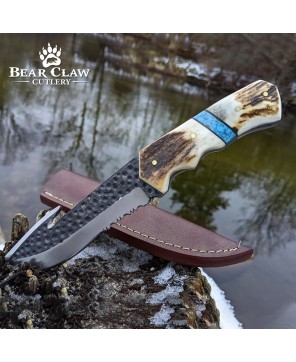 Custom Handmade Deer Antler Hunting Knife with Carbon Steel Blade