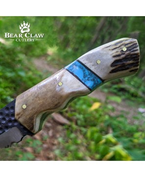 Custom Handmade Deer Antler Hunting Knife with Carbon Steel Blade