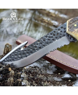 Custom Handmade Deer Antler Hunting Knife with Carbon Steel Blade