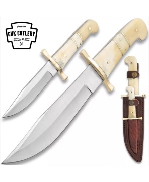 Full Tang Fixed Blade 2-Piece Bowie Knife Set with Camel Bone Handles