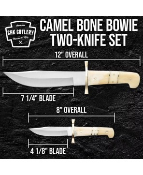 Full Tang Fixed Blade 2-Piece Bowie Knife Set with Camel Bone Handles