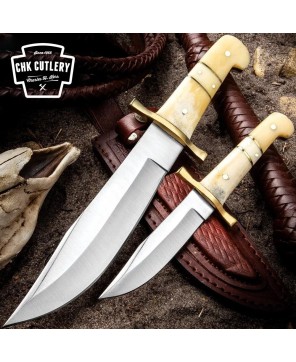 Full Tang Fixed Blade 2-Piece Bowie Knife Set with Camel Bone Handles